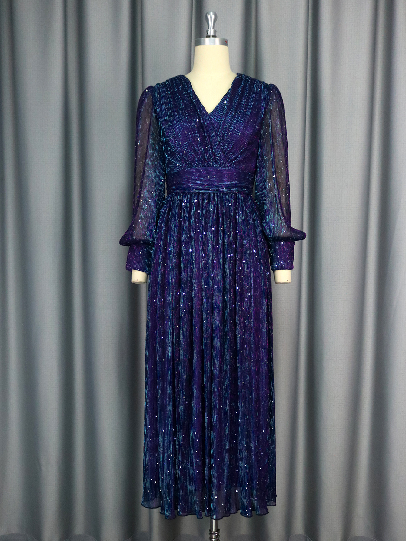 Sexy V-neck Sequined Long Sleeve Dress Purple Slim Fit - Image 4