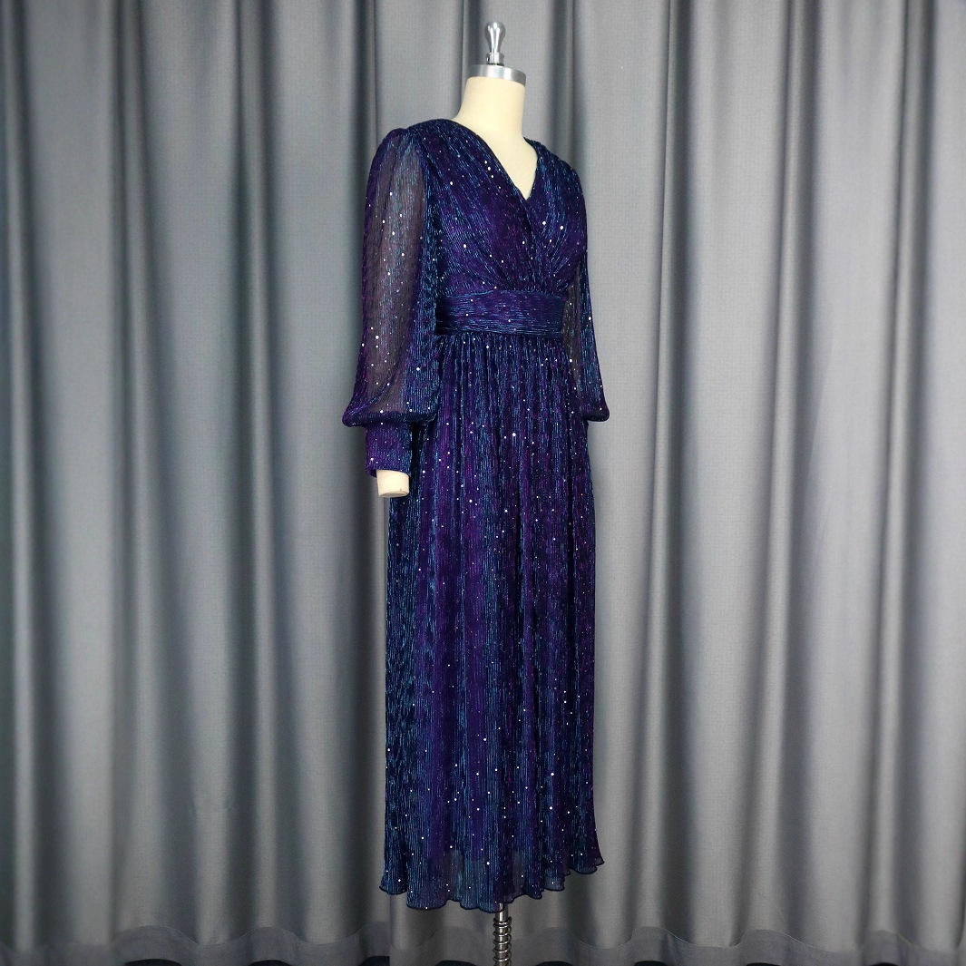 Sexy V-neck Sequined Long Sleeve Dress Purple Slim Fit - Image 6