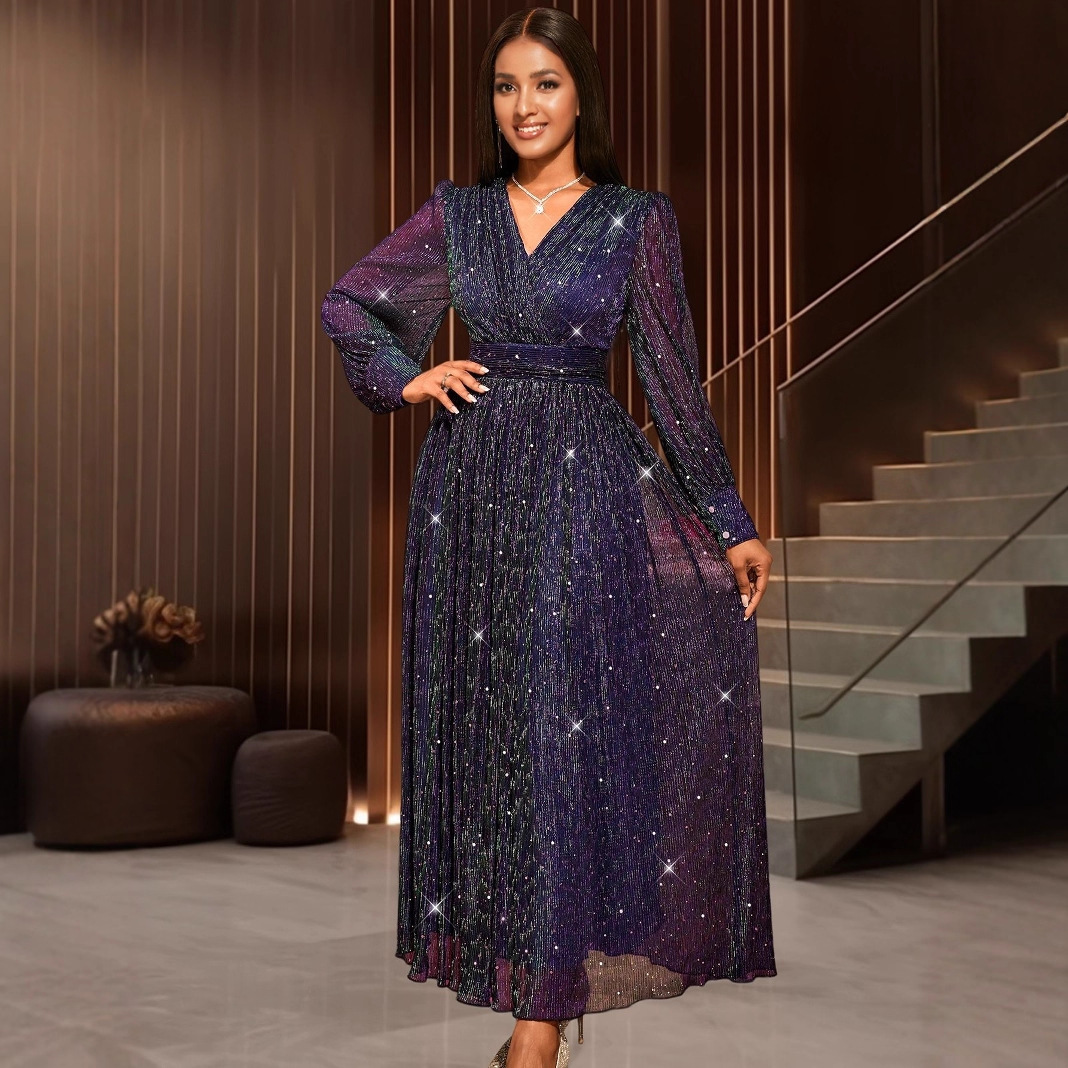Sexy V-neck Sequined Long Sleeve Dress Purple Slim Fit
