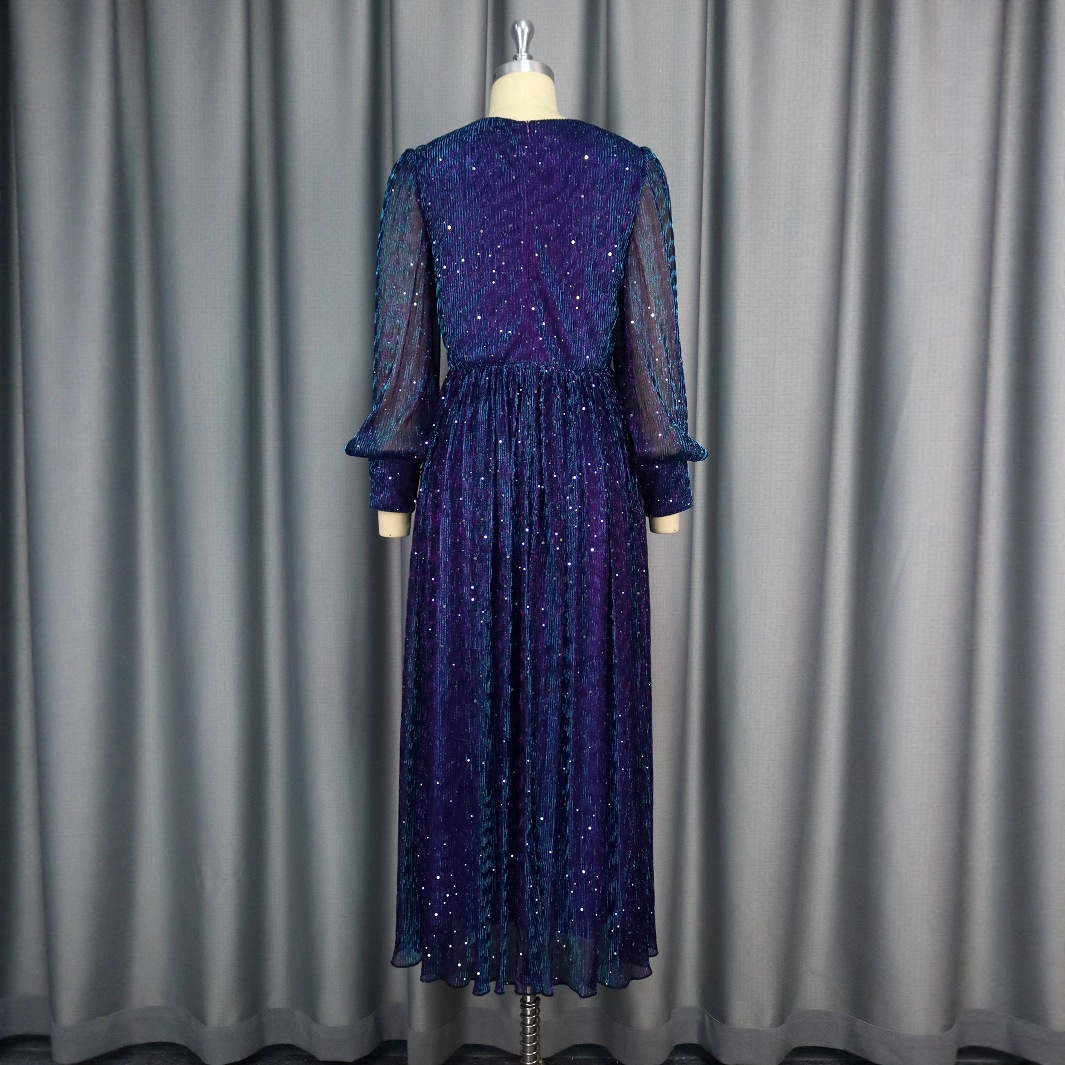 Sexy V-neck Sequined Long Sleeve Dress Purple Slim Fit - Image 2