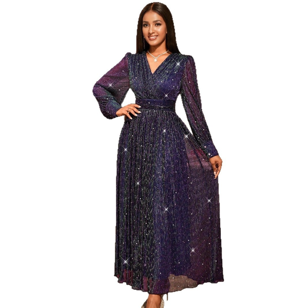 Sexy V-neck Sequined Long Sleeve Dress Purple Slim Fit - Image 5