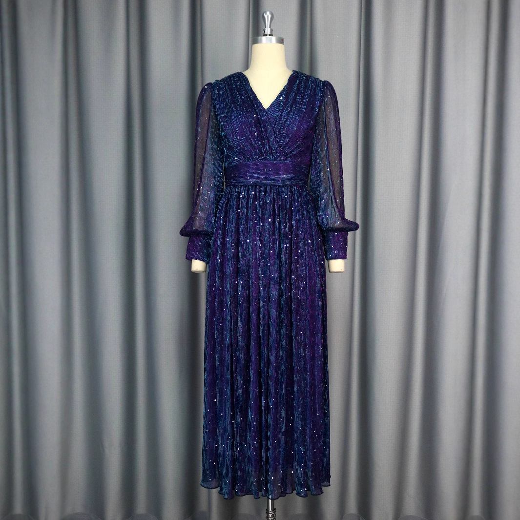 Sexy V-neck Sequined Long Sleeve Dress Purple Slim Fit - Image 3